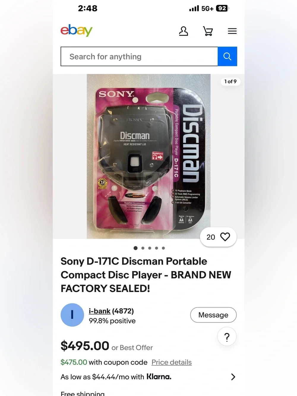 Sony Discman Portable CD Player - Black and Pink Packaging